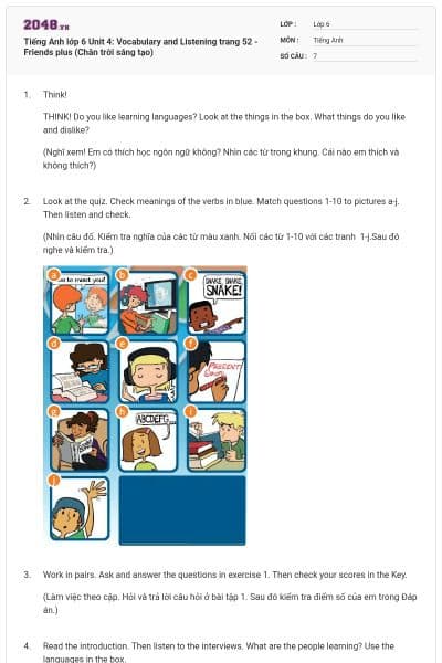 Tiếng Anh lớp 6 Unit 4: Vocabulary and Listening trang 52 - Friends plus (Chân trời sáng tạo)