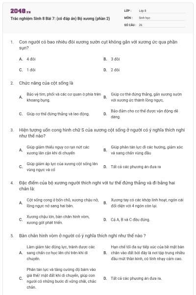 Trắc nghiệm Sinh 8 Bài 7: (có đáp án) Bộ xương (phần 2)