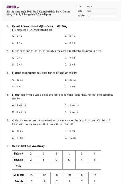 Bài tập hàng ngày Toán lớp 3 Kết nối tri thức Bài 4. Ôn tập bảng nhân 2; 5, bảng chia 2; 5 có đáp án