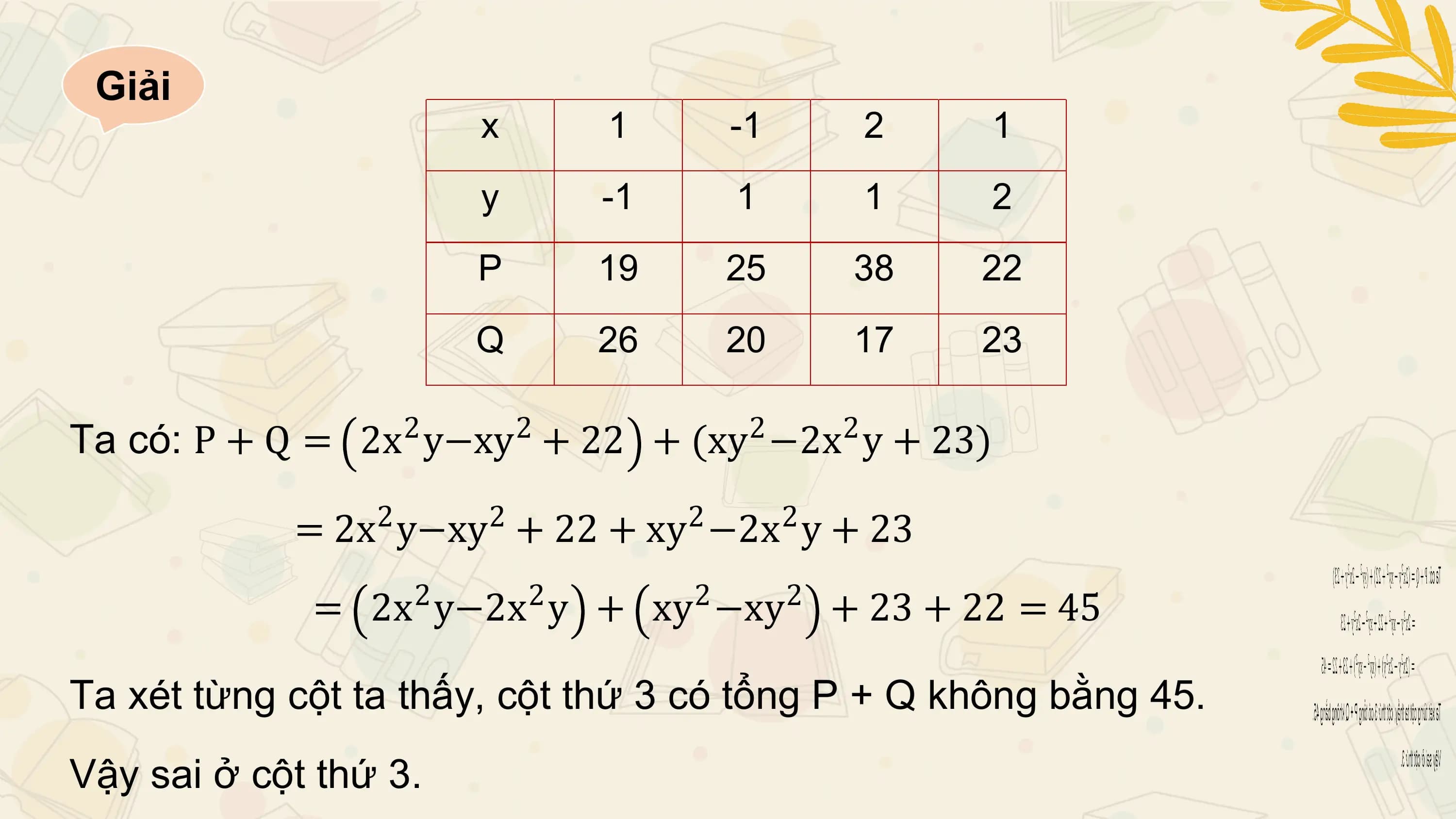 Giải
 x 1 -1 2 1
 y -1 1 1 2
 P 19 25 38 22
 Q 26 20 17 23

 2 2 2 2
Ta có: P + Q = 2x y−xy + 22 + (xy −2x y + 23)
 2 2 2 2
 = 2x y−xy + 22 + xy −2x y + 23
 2 2 2 2
 = 2x y−2x y + xy −xy + 23 + 22 = 45

Ta xét từng cột ta thấy, cột thứ 3 có tổng P + Q không bằng 45.
Vậy sai ở cột thứ 3.