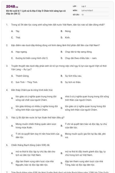 Đề thi cuối kì 1 Lịch sử & Địa lí lớp 5 Chân trời sáng tạo có đáp án (Đề 2)