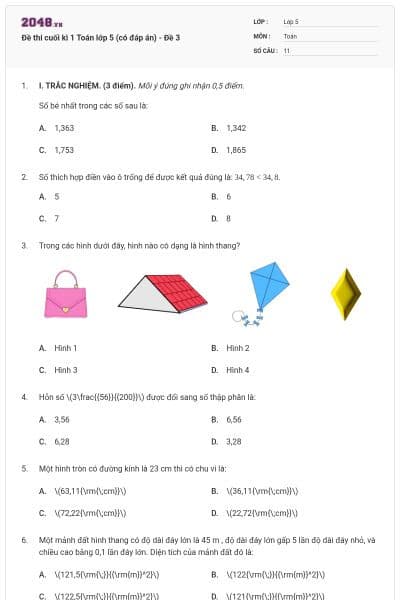 Đề thi cuối kì 1 Toán lớp 5 (có đáp án) - Đề 3