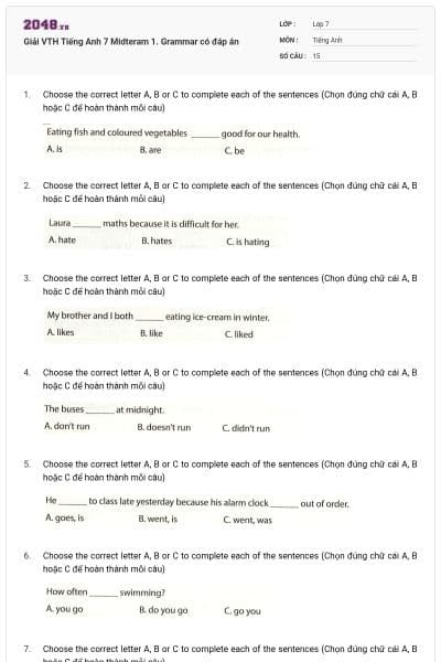 Giải VTH Tiếng Anh 7 Midteram 1. Grammar có đáp án