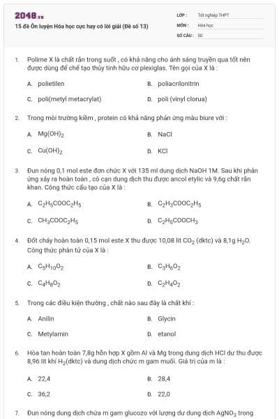 15 đề Ôn luyện Hóa học cực hay có lời giải (Đề số 13)