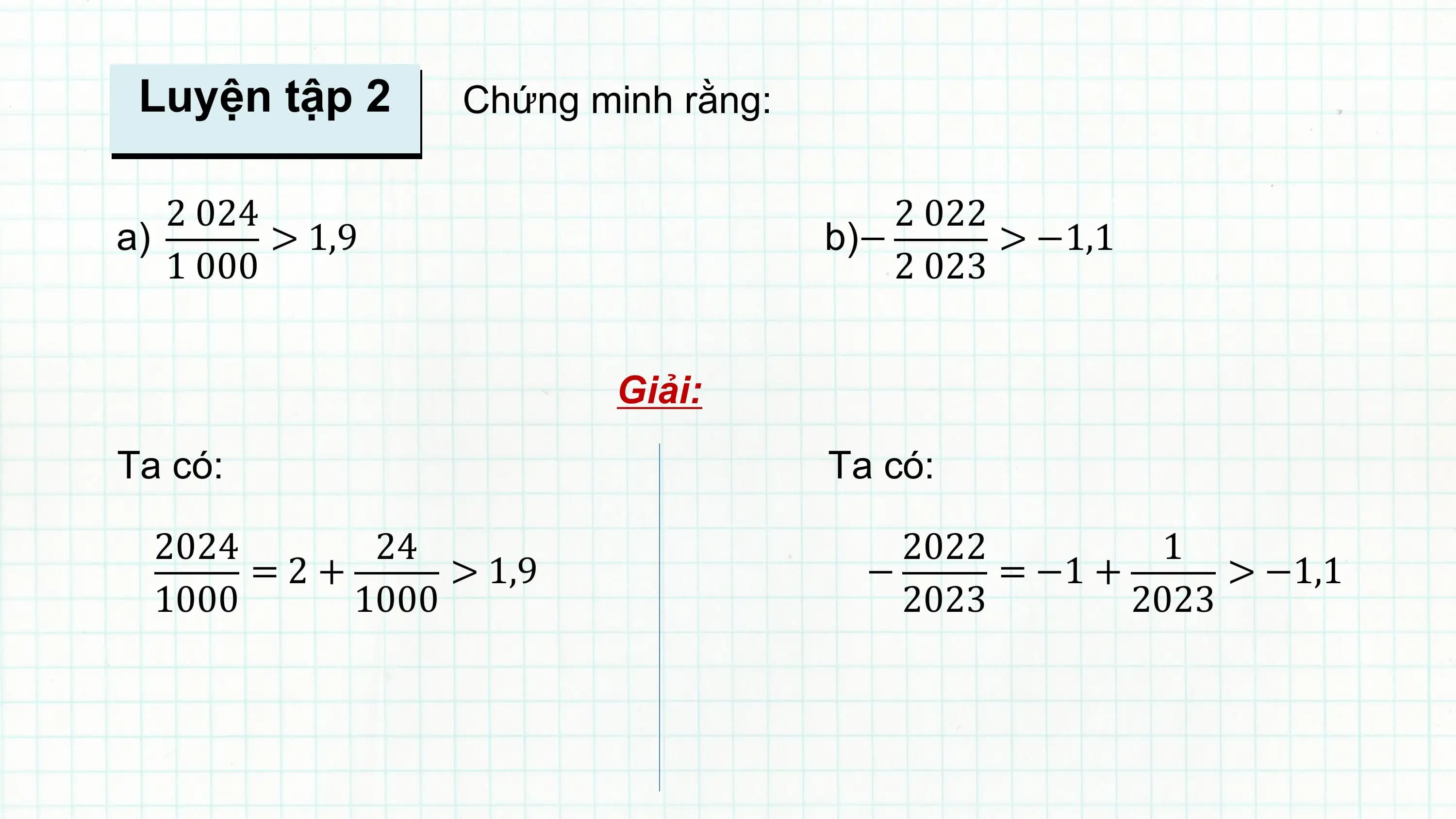 Luyện tập 2 Chứng minh rằng:

 2 024 2 022
a) > 1,9 b)− > −1,1
 1 000 2 023

 Giải:
Ta có: Ta có:

 2024 24 2022 1
 =2+ > 1,9 − = −1 + > −1,1
 1000 1000 2023 2023