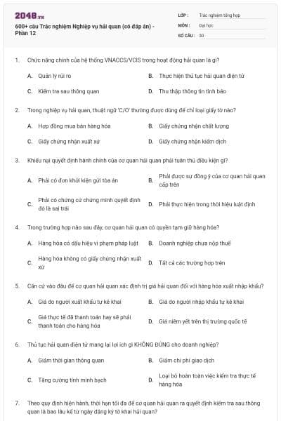 600+ câu Trắc nghiệm Nghiệp vụ hải quan (có đáp án) - Phần 12
