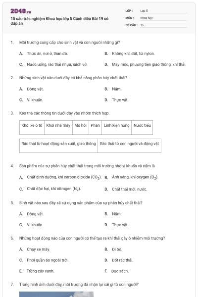15 câu trắc nghiệm Khoa học lớp 5 Cánh diều Bài 19 có đáp án