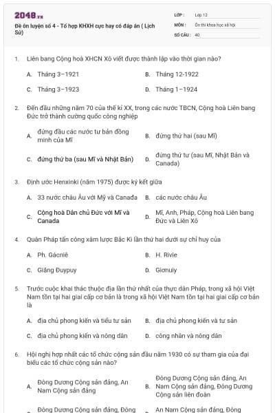 Đề ôn luyện số 4 - Tổ hợp KHXH cực hay có đáp án ( Lịch Sử)