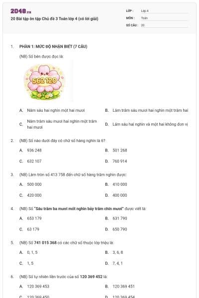 20 Bài tập ôn tập Chủ đề 3 Toán lớp 4 (có lời giải)