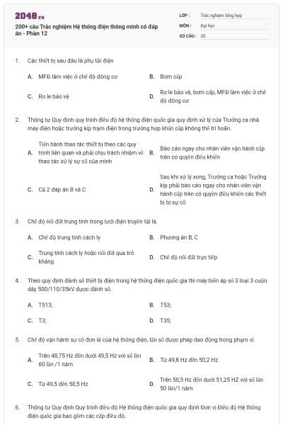 200+ câu Trắc nghiệm Hệ thống điện thông minh có đáp án - Phần 12