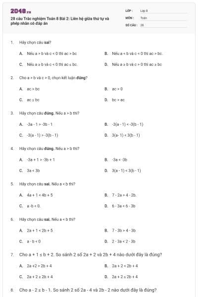 28 câu Trắc nghiệm Toán 8 Bài 2: Liên hệ giữa thứ tự và phép nhân có đáp án