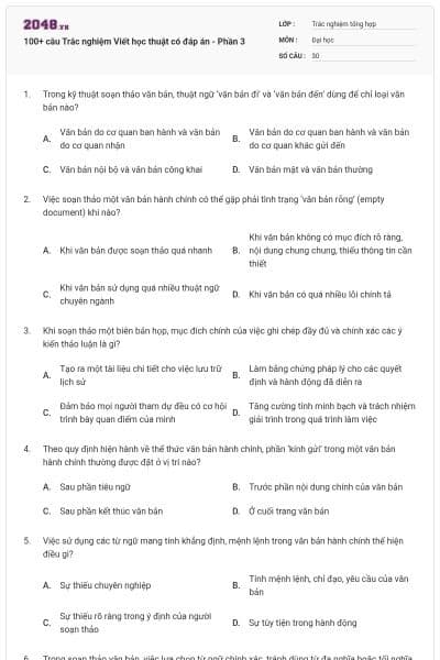 100+ câu Trắc nghiệm Viết học thuật có đáp án - Phần 3