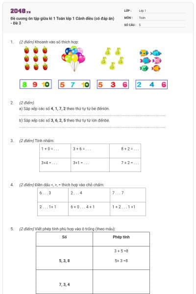 Đề cương ôn tập giữa kì 1 Toán lớp 1 Cánh diều (có đáp án) - Đề 3