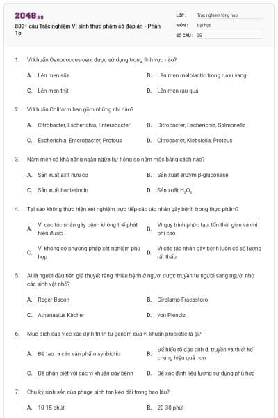 800+ câu Trắc nghiệm Vi sinh thực phẩm có đáp án - Phần 15