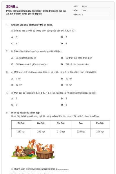 Phiếu bài tập hàng ngày Toán lớp 4 Chân trời sáng tạo Bài 22. Em đã làm được gì? có đáp án