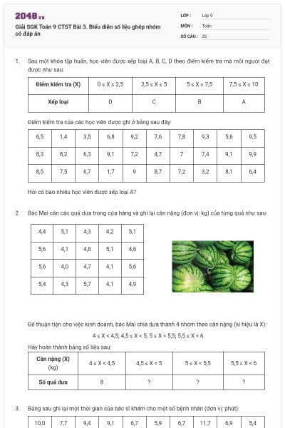 Giải SGK Toán 9 CTST Bài 3. Biểu diễn số liệu ghép nhóm có đáp án