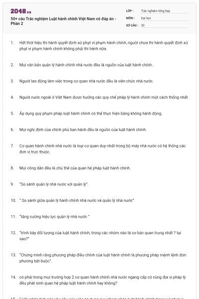 50+ câu Trắc nghiệm Luật hành chính Việt Nam có đáp án - Phần 2