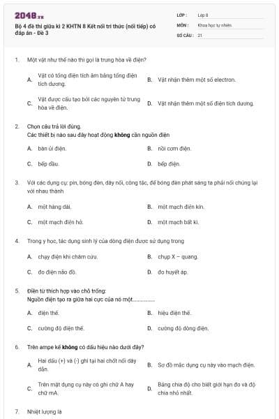 Bộ 4 đề thi giữa kì 2 KHTN 8 Kết nối tri thức (nối tiếp) có đáp án - Đề 3