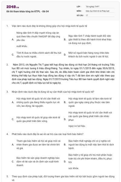 Đề thi tham khảo tổng ôn KTPL - Đề 04