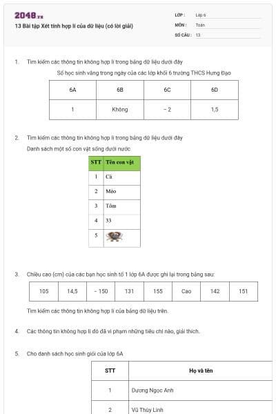 13 Bài tập Xét tính hợp lí của dữ liệu (có lời giải)