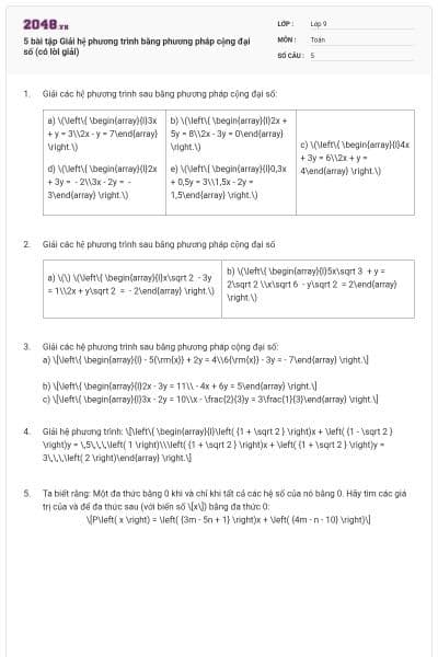 5 bài tập Giải hệ phương trình bằng phương pháp cộng đại số (có lời giải)