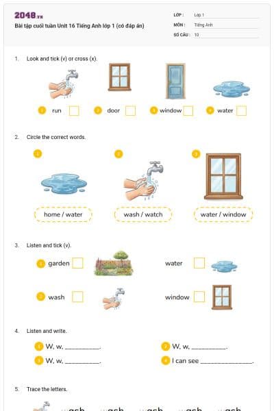 Bài tập cuối tuần Unit 16 Tiếng Anh lớp 1 (có đáp án)