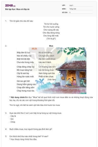 Bài tập Đọc: Mưa có đáp án