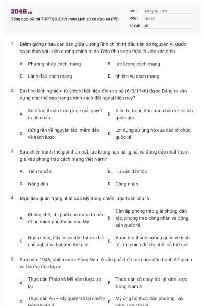Tổng hợp Đề thi THPTQG 2019 môn Lịch sử có đáp án (P5)