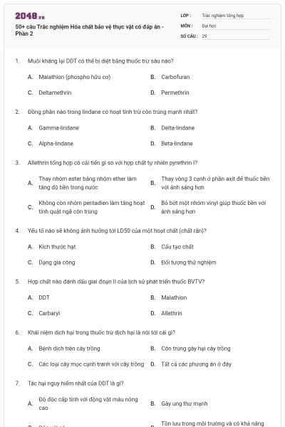 50+ câu Trắc nghiệm Hóa chất bảo vệ thực vật có đáp án - Phần 2