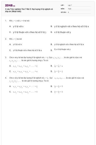 4 câu Trắc nghiệm Toá 7 Bài 3: Đại lượng tỉ lệ nghịch có đáp án (Nhận biết)