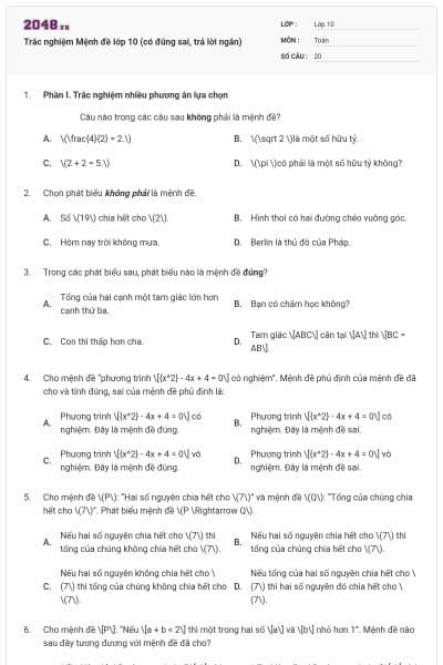 Trắc nghiệm Mệnh đề lớp 10 (có đúng sai, trả lời ngắn)