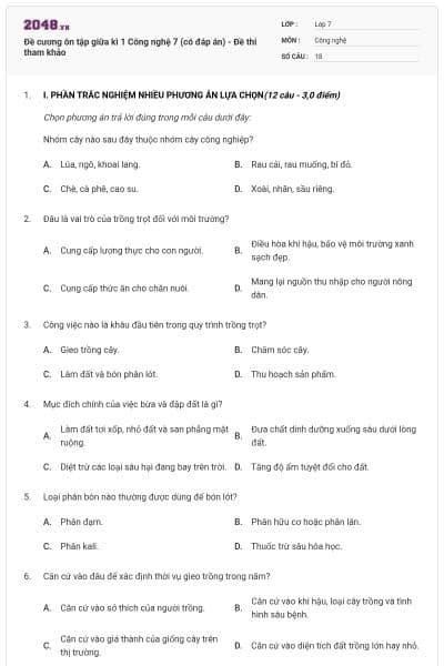 Đề cương ôn tập giữa kì 1 Công nghệ 7 (có đáp án) - Đề thi tham khảo
