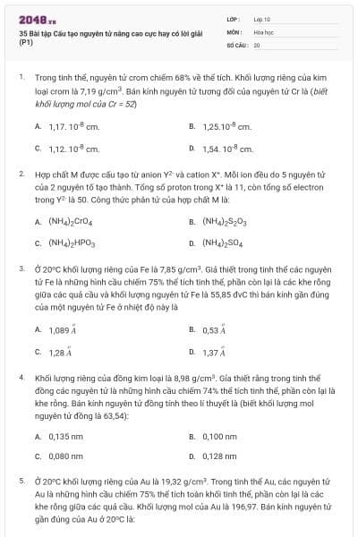 35 Bài tập Cấu tạo nguyên tử nâng cao cực hay có lời giải (P1)