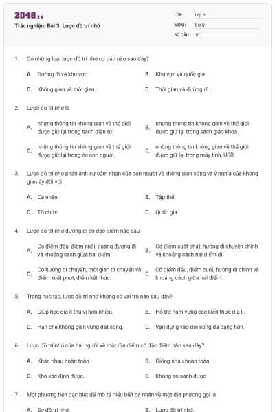 Trắc nghiệm Bài 3: Lược đồ trí nhớ