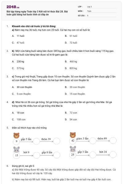 Bài tập hàng ngày Toán lớp 3 Kết nối tri thức Bài 28. Bài toán giải bằng hai bước tính có đáp án