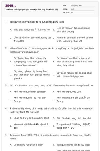 20 Đề thi thử thpt quốc gia môn Địa lí có đáp án (Đề số 19)