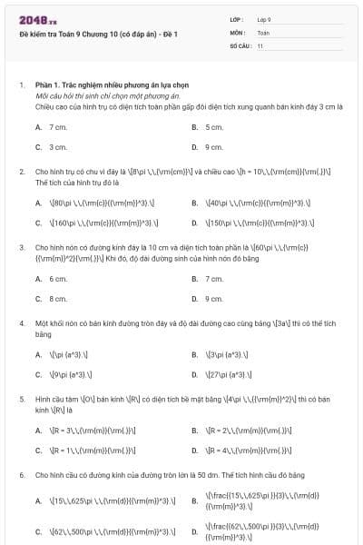 Đề kiểm tra Toán 9 Chương 10 (có đáp án) - Đề 1