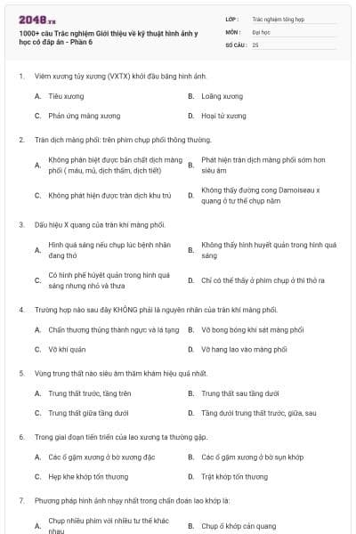 1000+ câu Trắc nghiệm Giới thiệu về kỹ thuật hình ảnh y học có đáp án - Phần 6