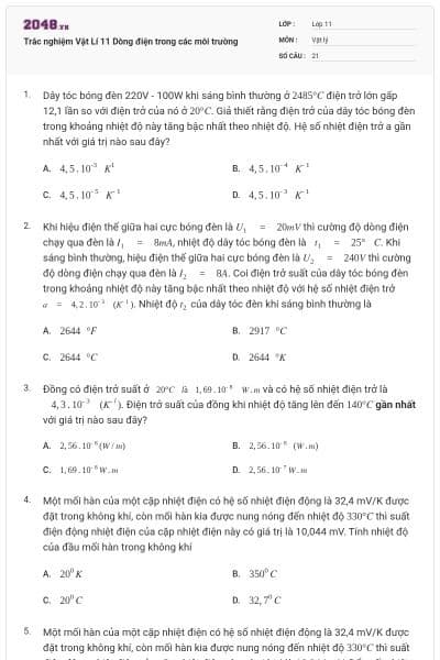 Trắc nghiệm Vật Lí 11 Dòng điện trong các môi trường