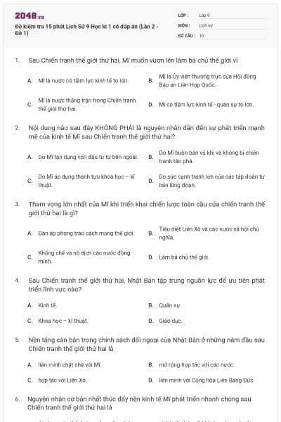 Đề kiểm tra 15 phút Lịch Sử 9 Học kì 1 có đáp án (Lần 2 - Đề 1)