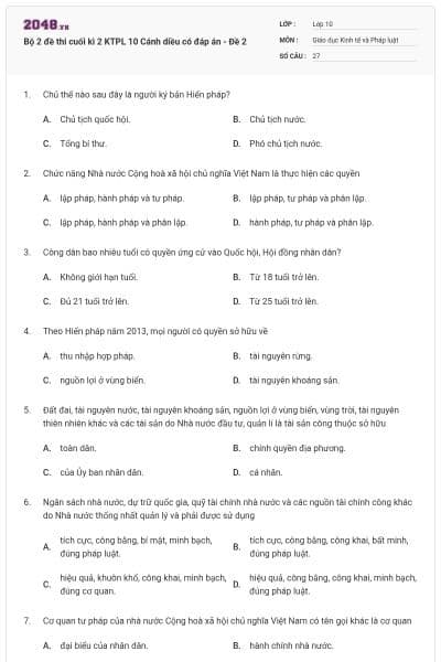 Bộ 2 đề thi cuối kì 2 KTPL 10 Cánh diều có đáp án - Đề 2