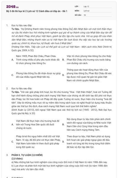 Bộ 3 đề thi học kì 2 Lịch sử 12 Cánh diều có đáp án - Đề 1