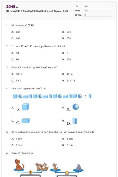 Đề thi cuối kì 2 Toán lớp 2 Kết nối tri thức có đáp án - Đề 3