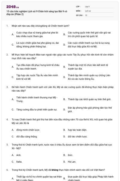 15 câu trắc nghiệm Lịch sử 9 Chân trời sáng tạo Bài 9 có đáp án (Phần 2)