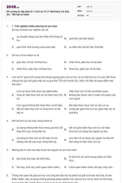 Đề cương ôn tập giữa kì 1 Lịch sử 10 (1 tiết/tuần) (có đáp án) - Bài tập tự luyện