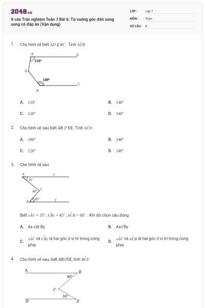 8 câu Trắc nghiệm Toán 7 Bài 6: Từ vuông góc đến song song có đáp án (Vận dụng)
