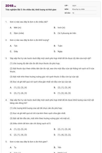 Trắc nghiệm Bài 3: Đo chiều dài, khối lượng và thời gian