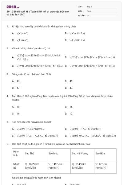 Bộ 10 đề thi cuối kì 1 Toán 6 Kết nối tri thức cấu trúc mới có đáp án - Đề 7