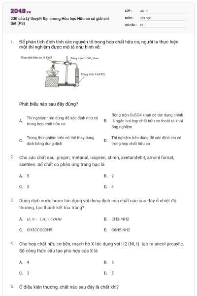 230 câu Lý thuyết Đại cương Hóa học Hữu cơ có giải chi tiết (P8)