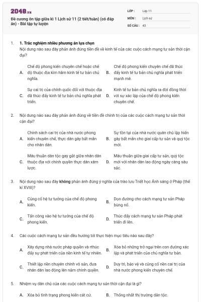 Đề cương ôn tập giữa kì 1 Lịch sử 11 (2 tiết/tuần) (có đáp án) - Bài tập tự luyện